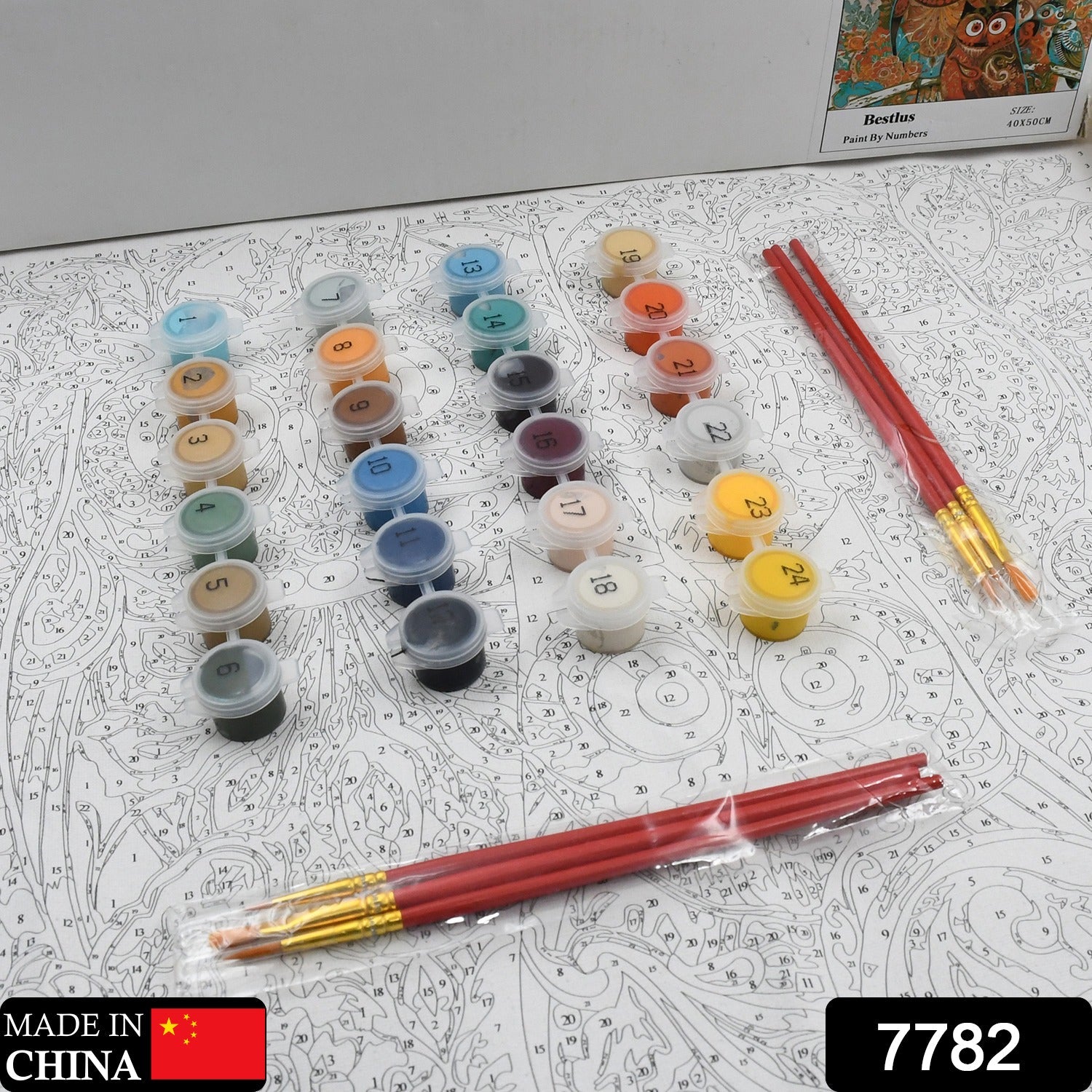 Adult paint-by-number kit with 24 colors, pre-printed canvas, and paintbrushes. Adult paint-by-number kit with 24 colors, pre-printed canvas, and paintbrushes.
